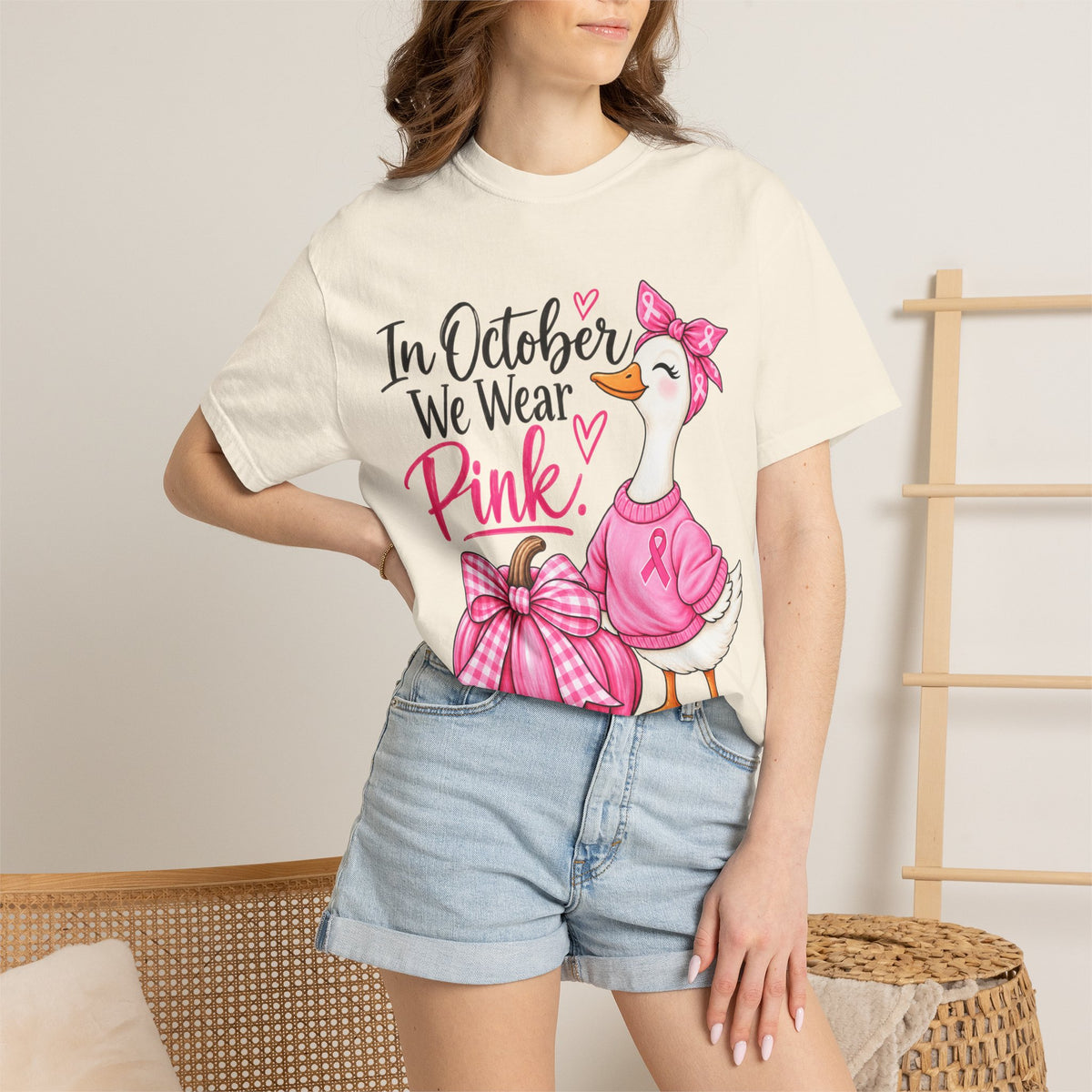 In October We Wear Pink Breast Cancer Awareness T-Shirt — Cute Duck & Pink Pumpkin Tee