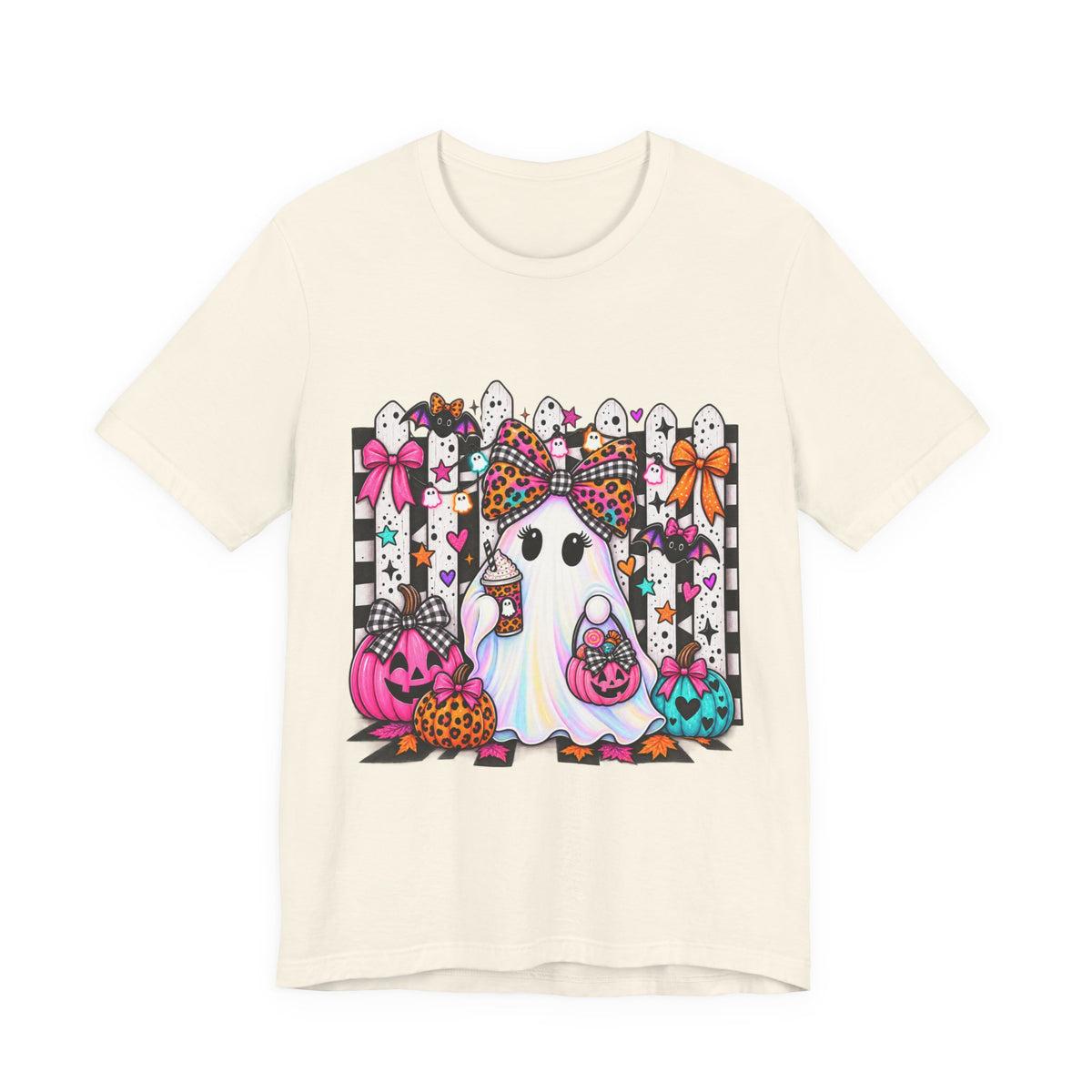 Cute Halloween Ghost Tee — Pink & Leopard Pumpkin Ghosts Graphic T-Shirt