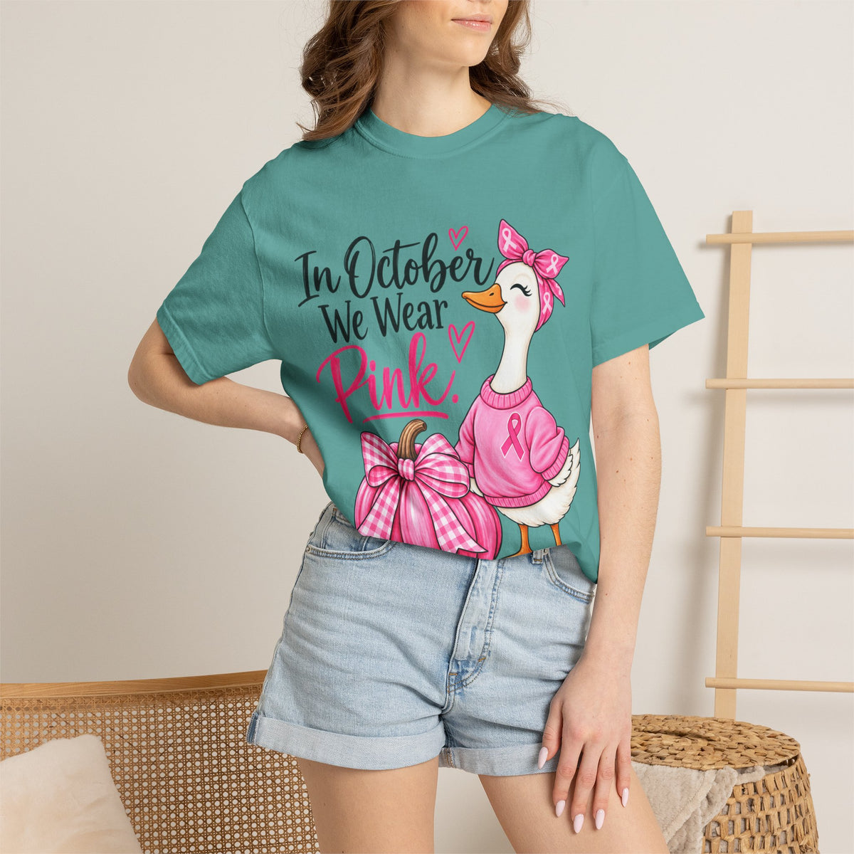 In October We Wear Pink Breast Cancer Awareness T-Shirt — Cute Duck & Pink Pumpkin Tee