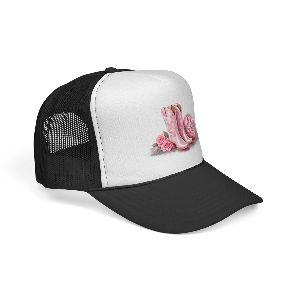Cowgirl Pink Boots Trucker Cap — Western Rodeo Hat with Floral & Disco Ball Design