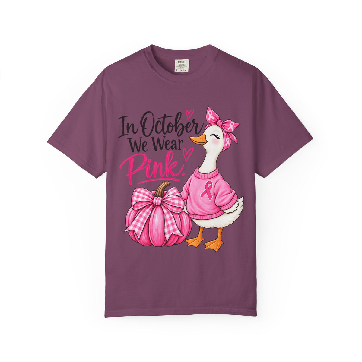 In October We Wear Pink Breast Cancer Awareness T-Shirt — Cute Duck & Pink Pumpkin Tee