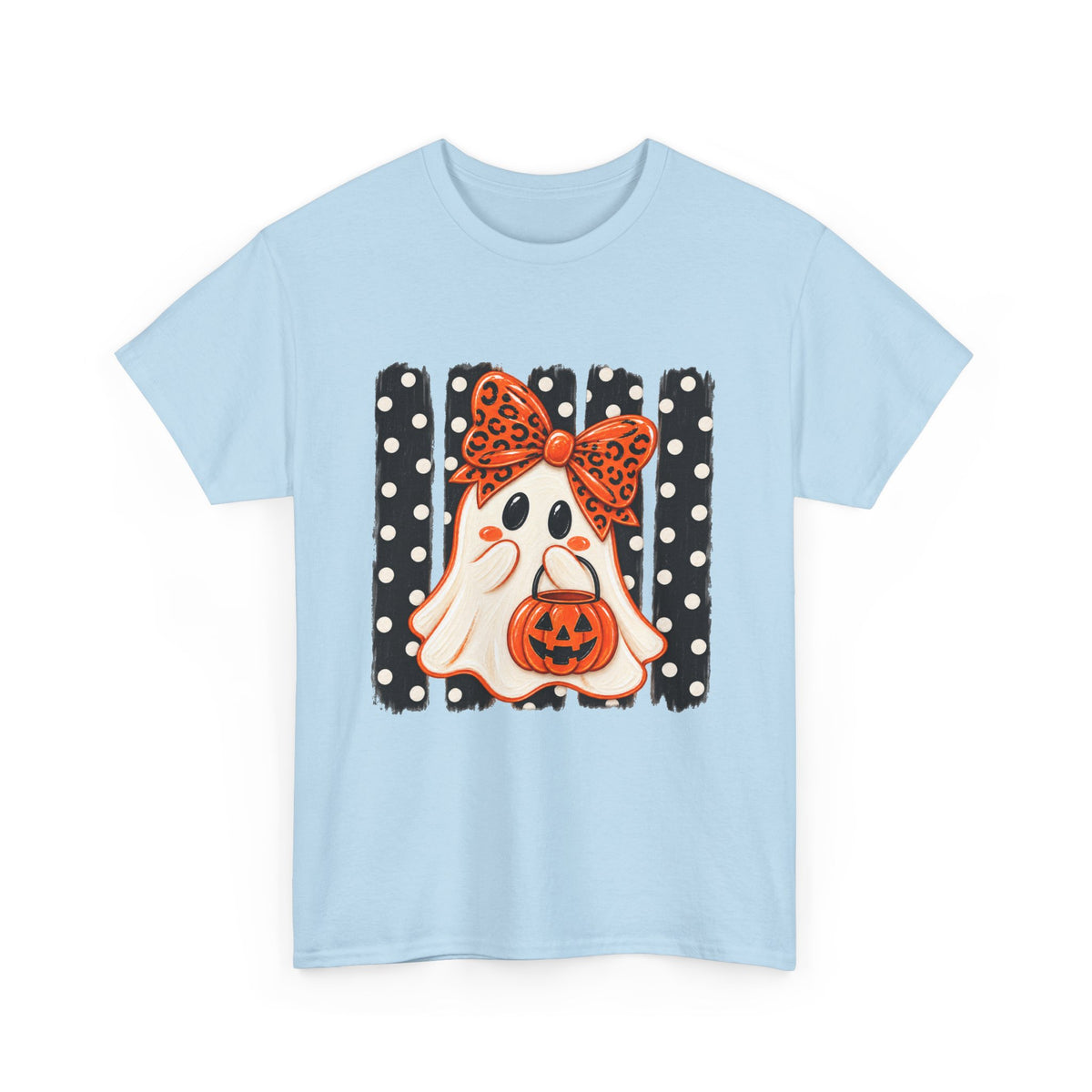 Halloween Ghost Tee — Cute Ghost with Pumpkin & Polka Dot Bow