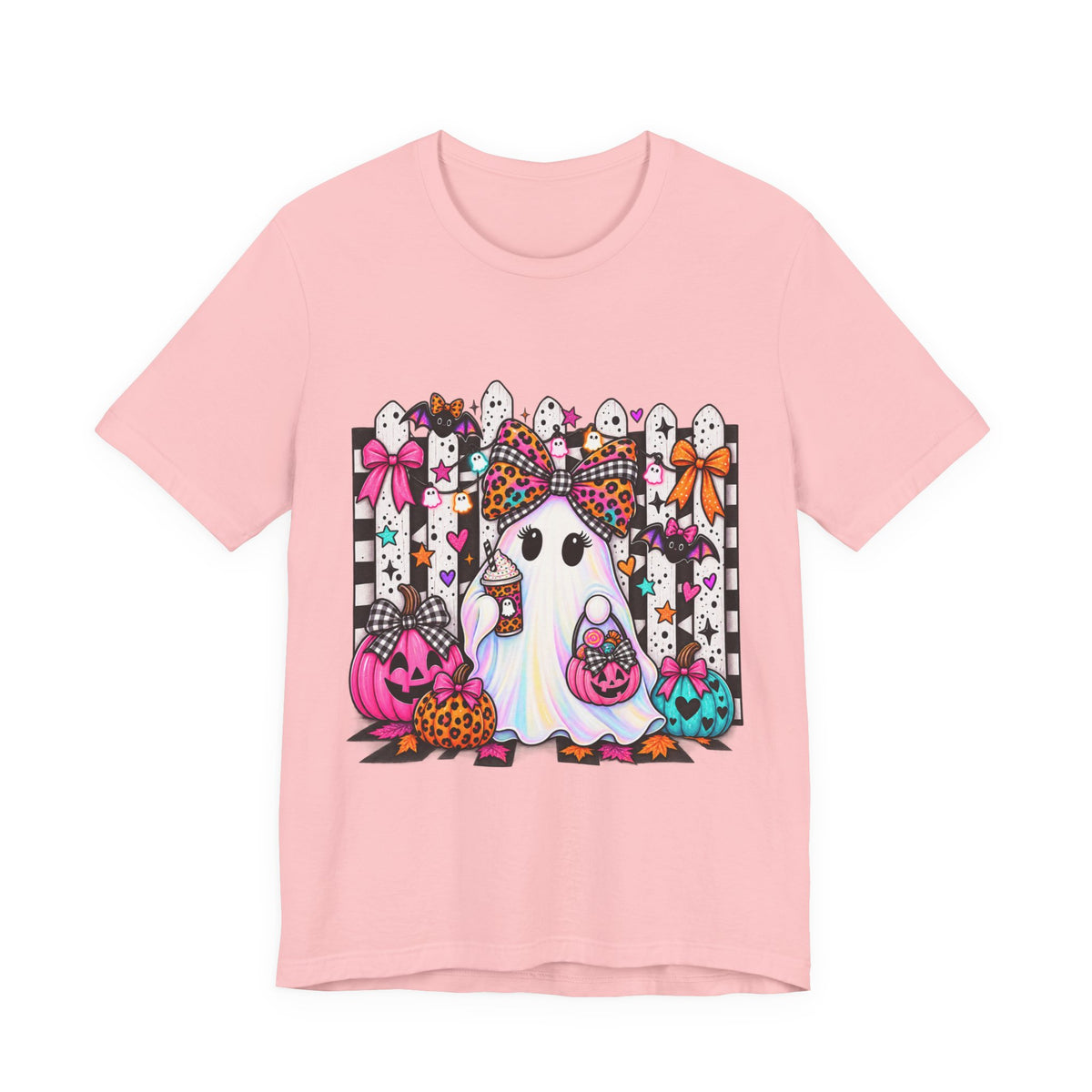 Cute Halloween Ghost Tee — Pink & Leopard Pumpkin Ghosts Graphic T-Shirt