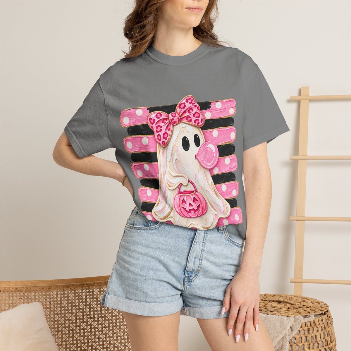 Halloween Pink Ghost T-Shirt — Cute Bubblegum Ghost with Bow & Jack-o'-Lantern