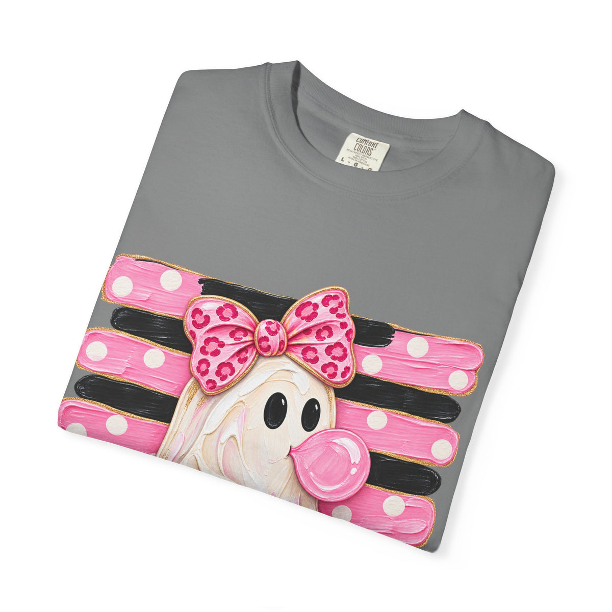 Halloween Pink Ghost T-Shirt — Cute Bubblegum Ghost with Bow & Jack-o'-Lantern