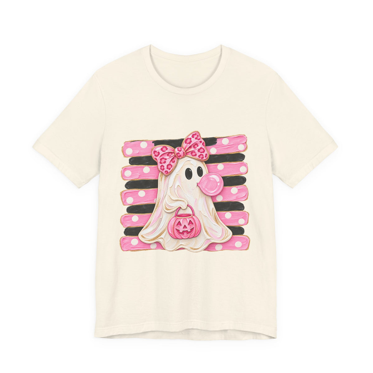 Pink Polka Dot Ghost T‑Shirt — Cute Halloween Ghost with Bow & Jack‑O‑Lantern
