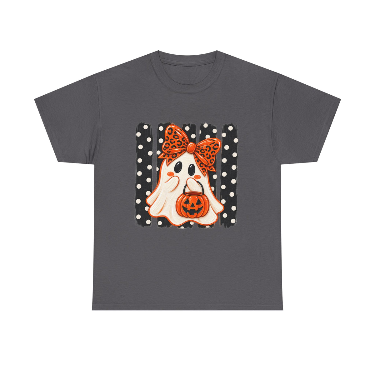 Halloween Ghost Tee — Cute Ghost with Pumpkin & Polka Dot Bow