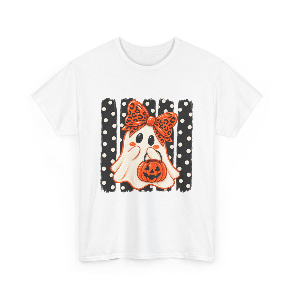 Halloween Ghost Tee — Cute Ghost with Pumpkin & Polka Dot Bow