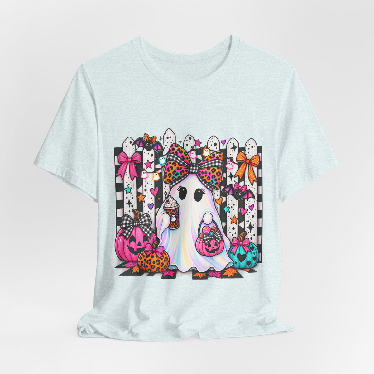 Cute Halloween Ghost Tee — Pink & Leopard Pumpkin Ghosts Graphic T-Shirt