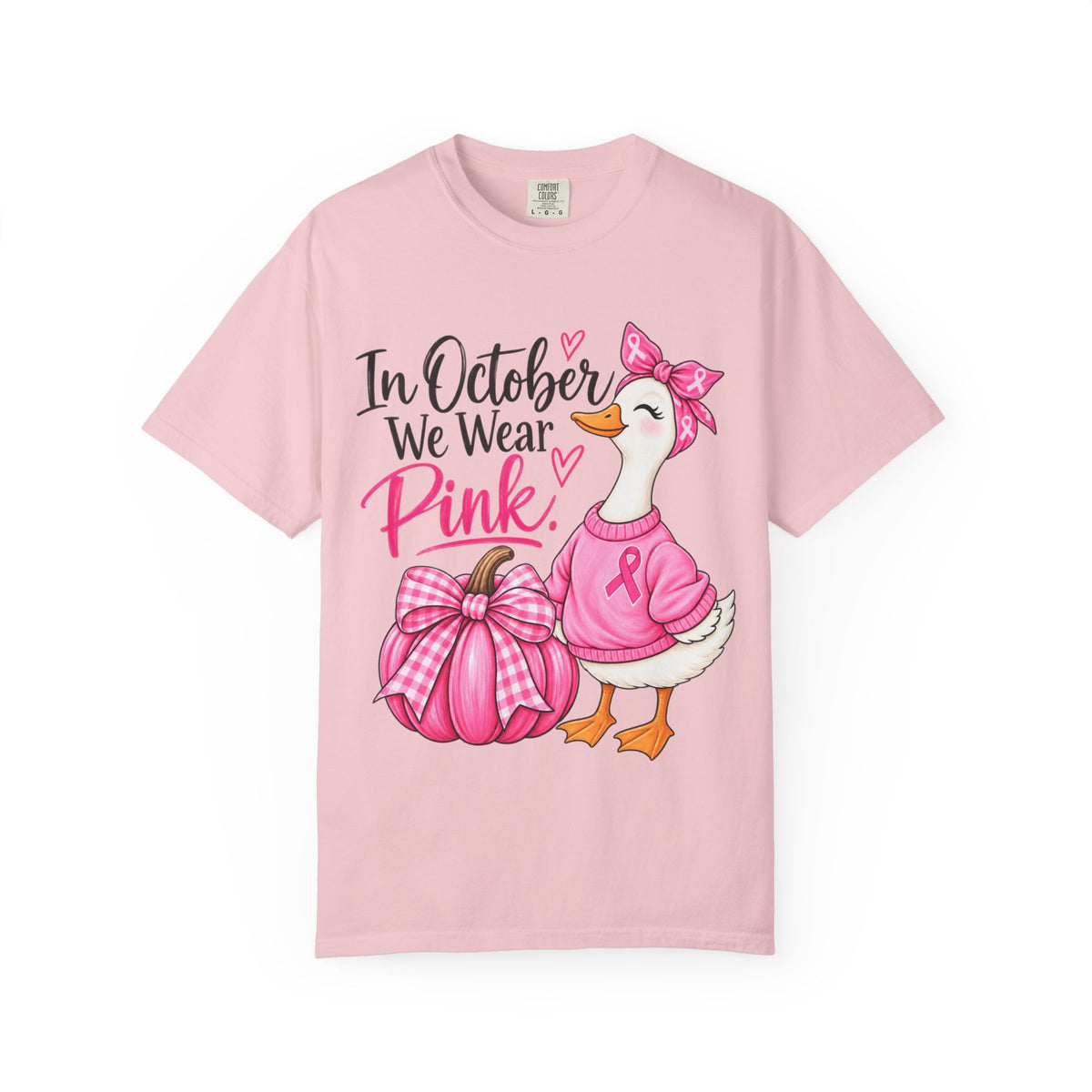 In October We Wear Pink Breast Cancer Awareness T-Shirt — Cute Duck & Pink Pumpkin Tee