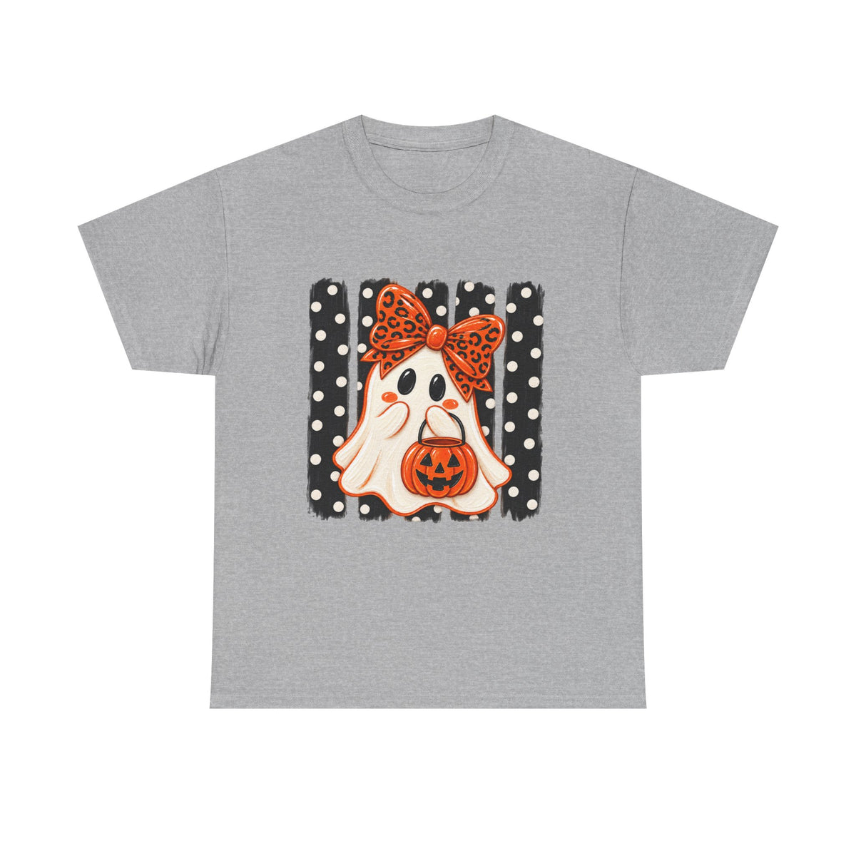 Halloween Ghost Tee — Cute Ghost with Pumpkin & Polka Dot Bow