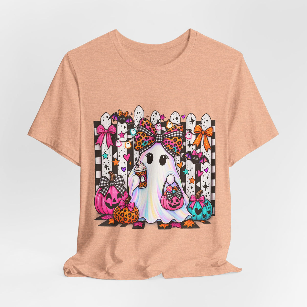 Cute Halloween Ghost Tee — Pink & Leopard Pumpkin Ghosts Graphic T-Shirt