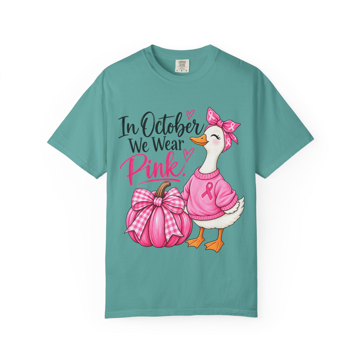 In October We Wear Pink Breast Cancer Awareness T-Shirt — Cute Duck & Pink Pumpkin Tee