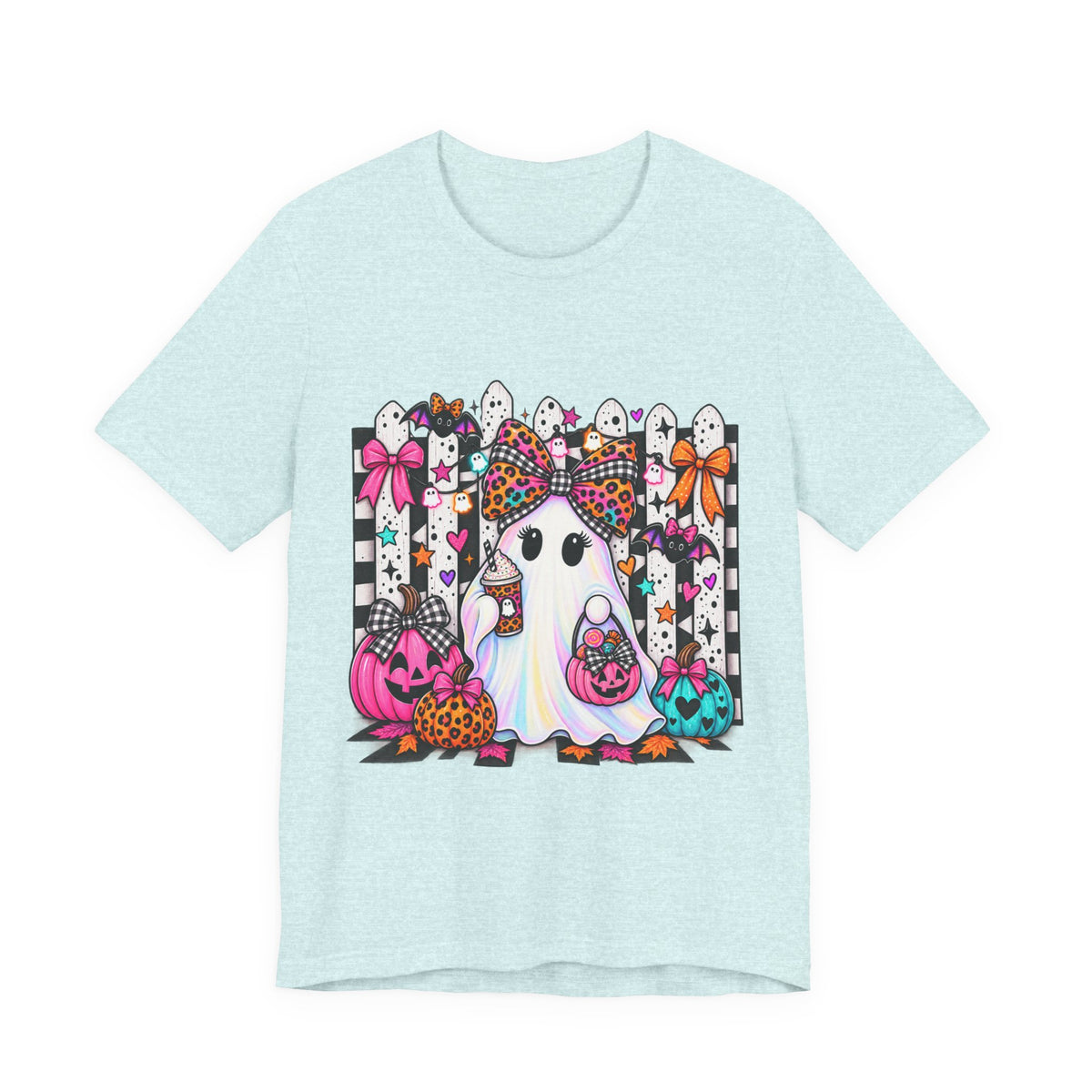 Cute Halloween Ghost Tee — Pink & Leopard Pumpkin Ghosts Graphic T-Shirt
