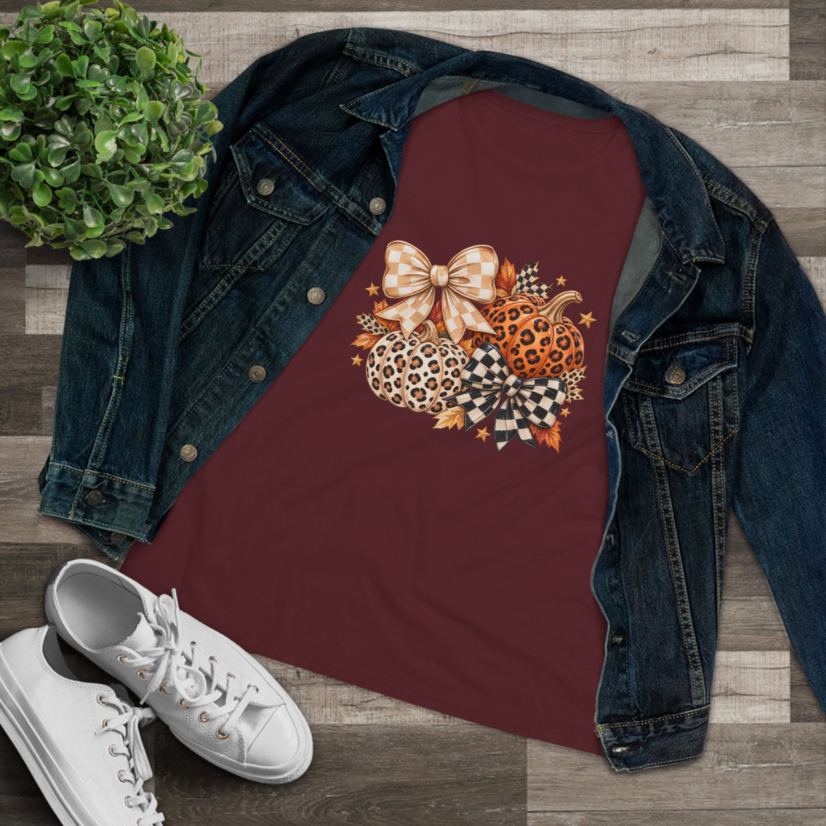 Leopard Pumpkin Trio Women's Tee — Fall Floral Bow Autumn Graphic Shirt