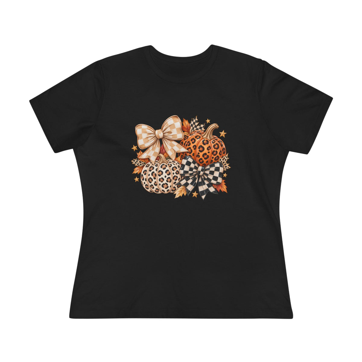Leopard Pumpkin Trio Women's Tee — Fall Floral Bow Autumn Graphic Shirt