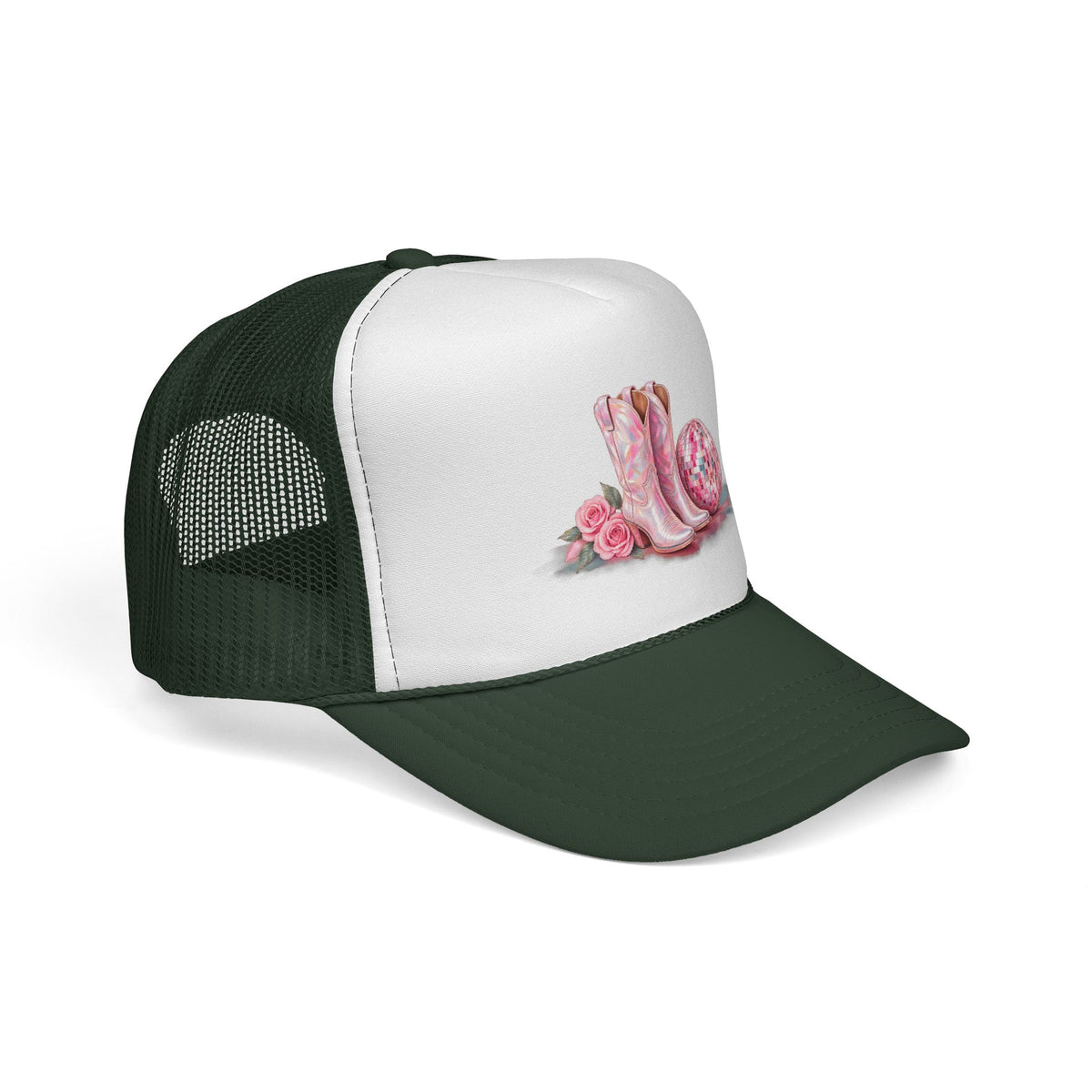 Cowgirl Pink Boots Trucker Cap — Western Rodeo Hat with Floral & Disco Ball Design