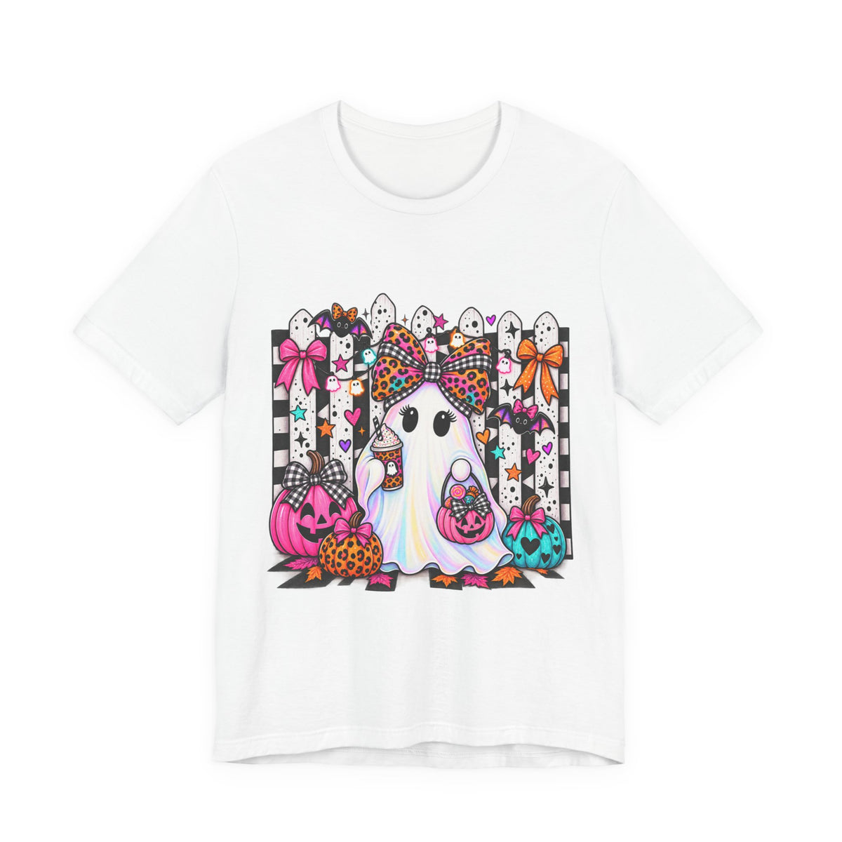 Cute Halloween Ghost Tee — Pink & Leopard Pumpkin Ghosts Graphic T-Shirt