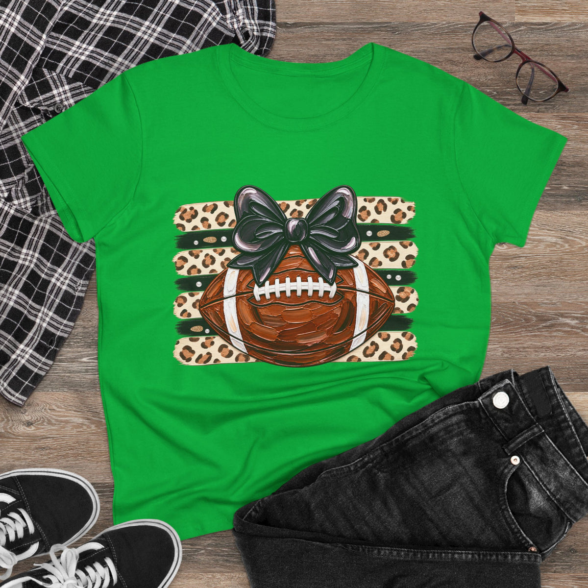 Leopard Football Tee — Cute Bow Game Day Shirt for Women