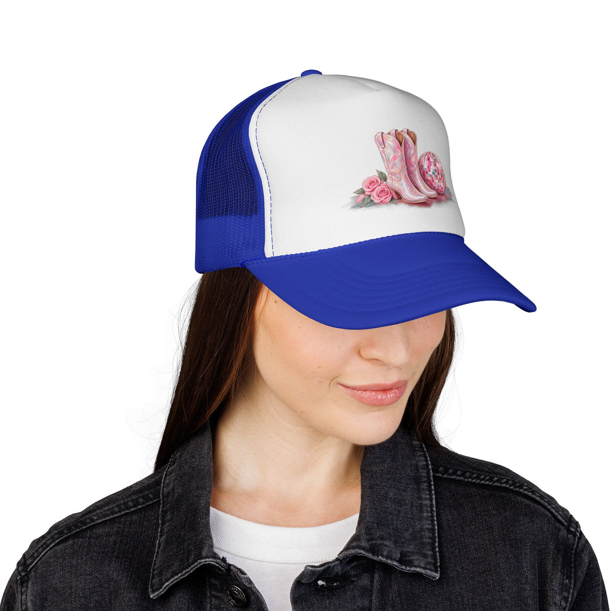 Cowgirl Pink Boots Trucker Cap — Western Rodeo Hat with Floral & Disco Ball Design