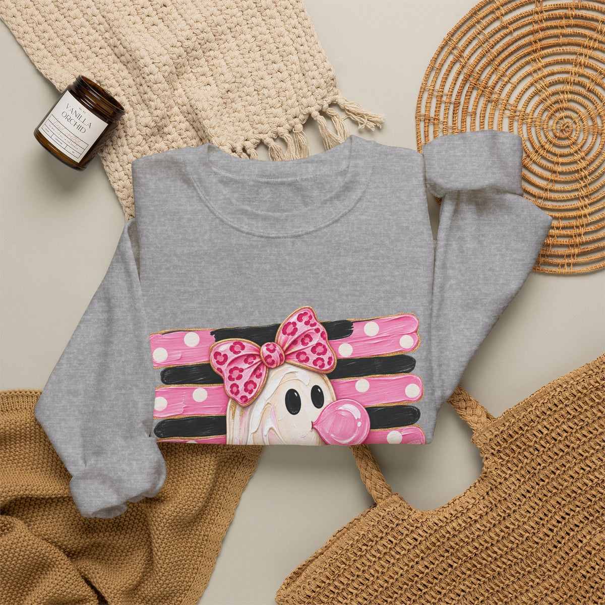 Ghost Costume Sweatshirt — Cute Pink Polka Dot Ghost with Pumpkin Graphic