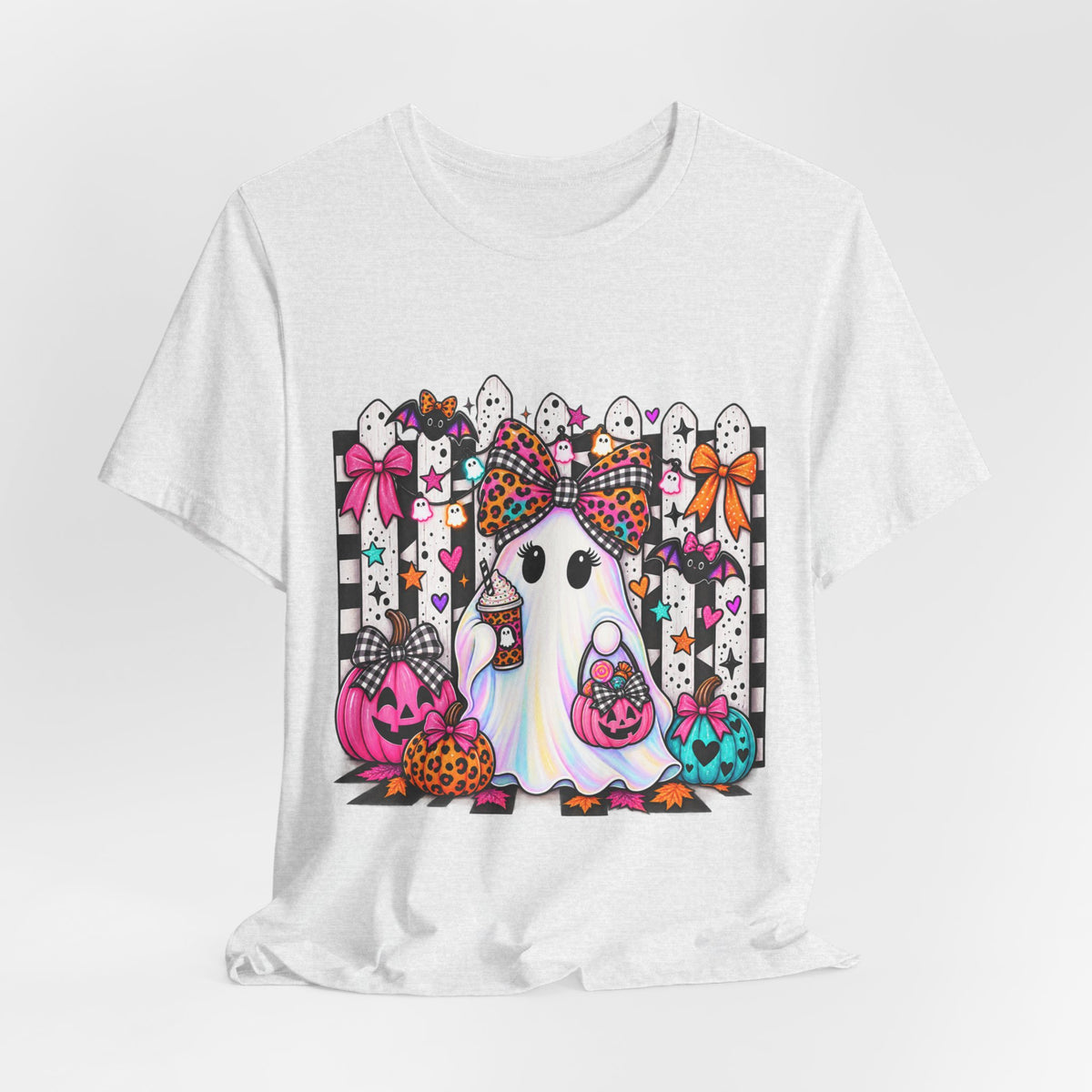 Cute Halloween Ghost Tee — Pink & Leopard Pumpkin Ghosts Graphic T-Shirt