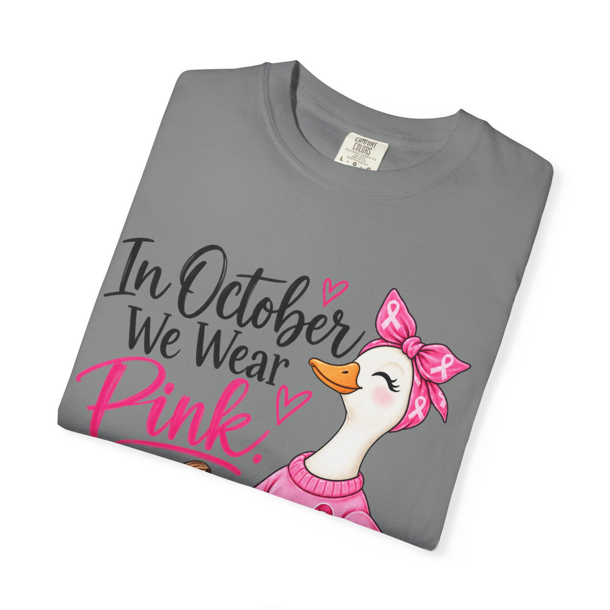 In October We Wear Pink Breast Cancer Awareness T-Shirt — Cute Duck & Pink Pumpkin Tee