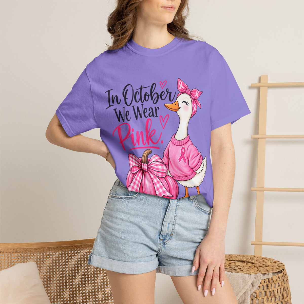 In October We Wear Pink Breast Cancer Awareness T-Shirt — Cute Duck & Pink Pumpkin Tee
