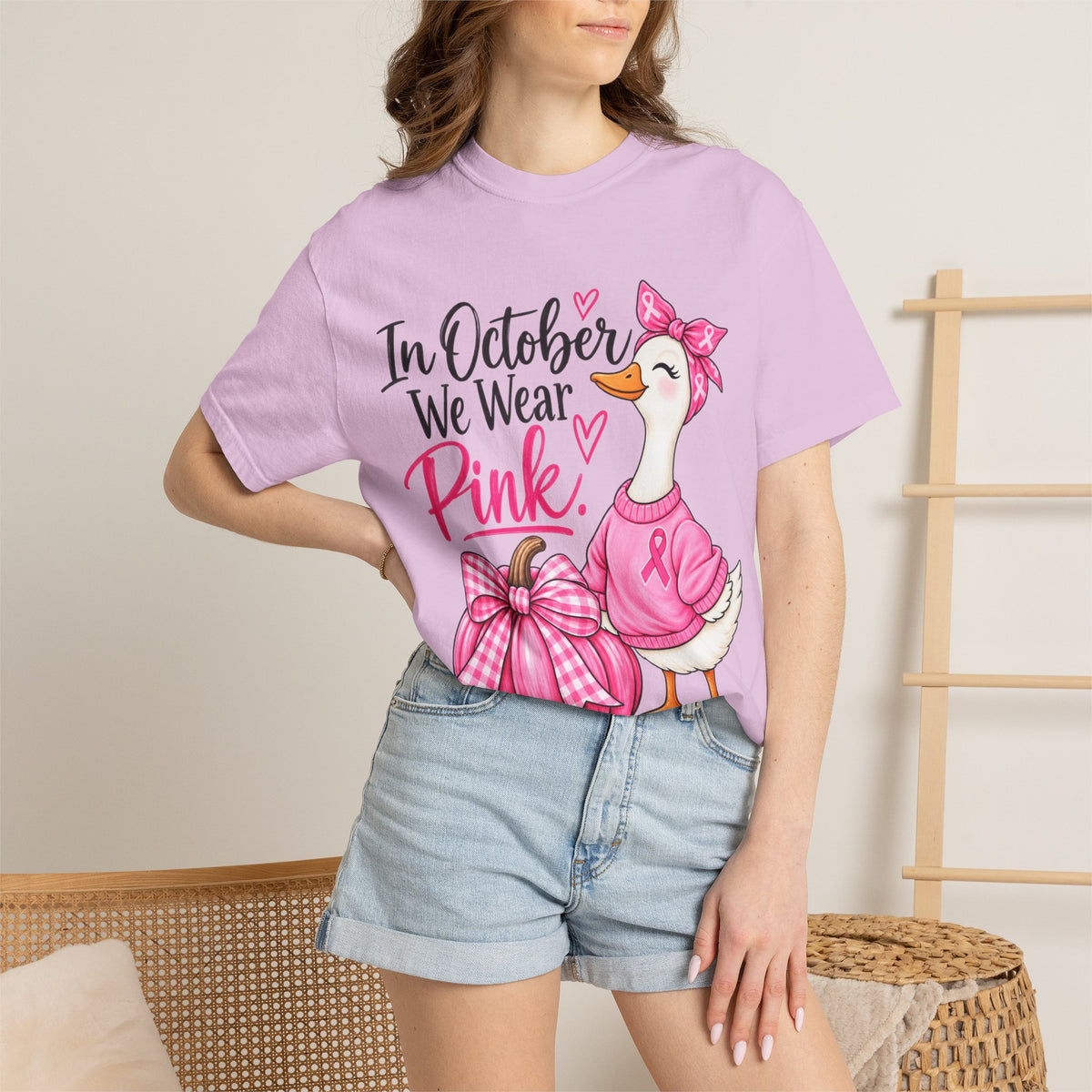 In October We Wear Pink Breast Cancer Awareness T-Shirt — Cute Duck & Pink Pumpkin Tee