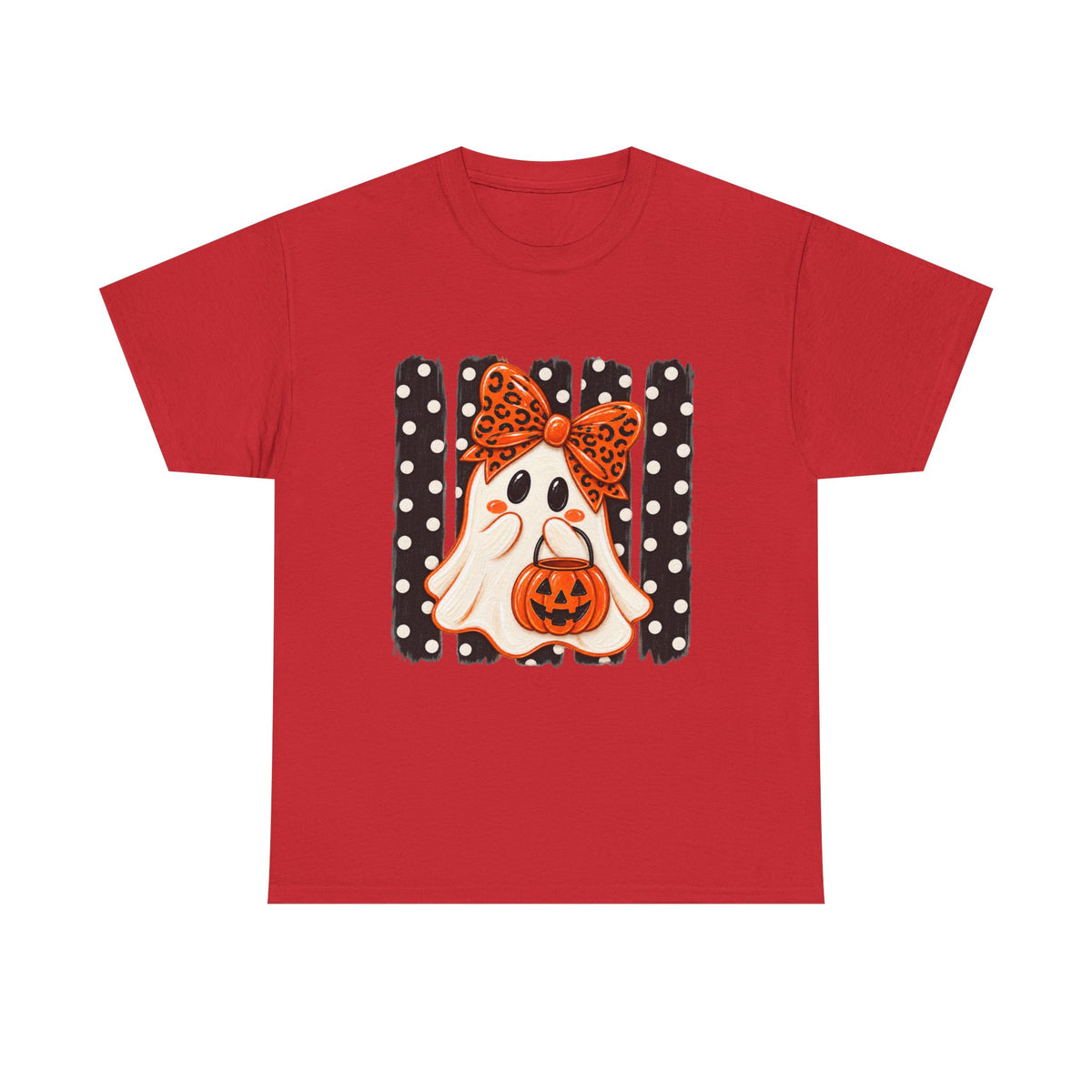 Halloween Ghost Tee — Cute Ghost with Pumpkin & Polka Dot Bow