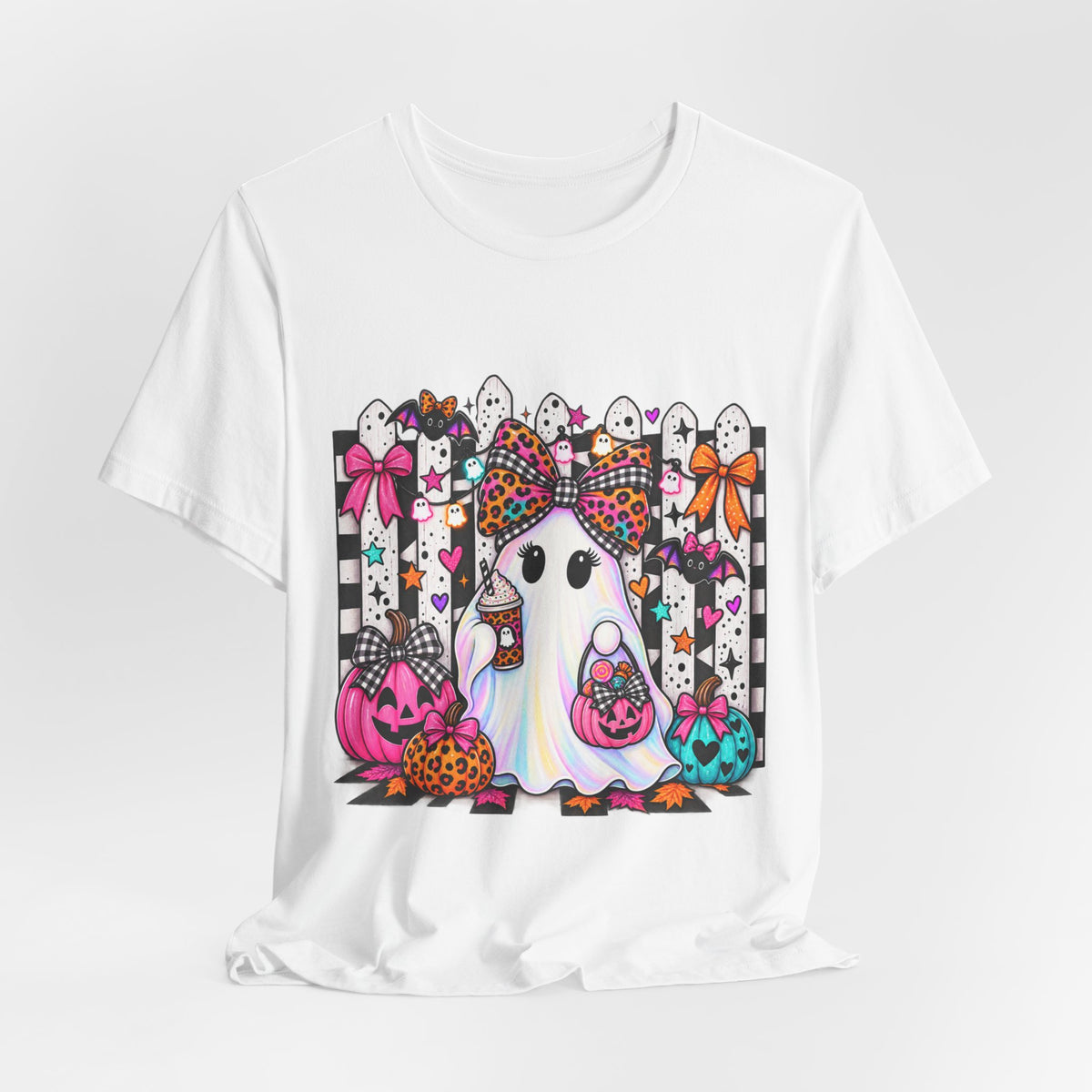 Cute Halloween Ghost Tee — Pink & Leopard Pumpkin Ghosts Graphic T-Shirt