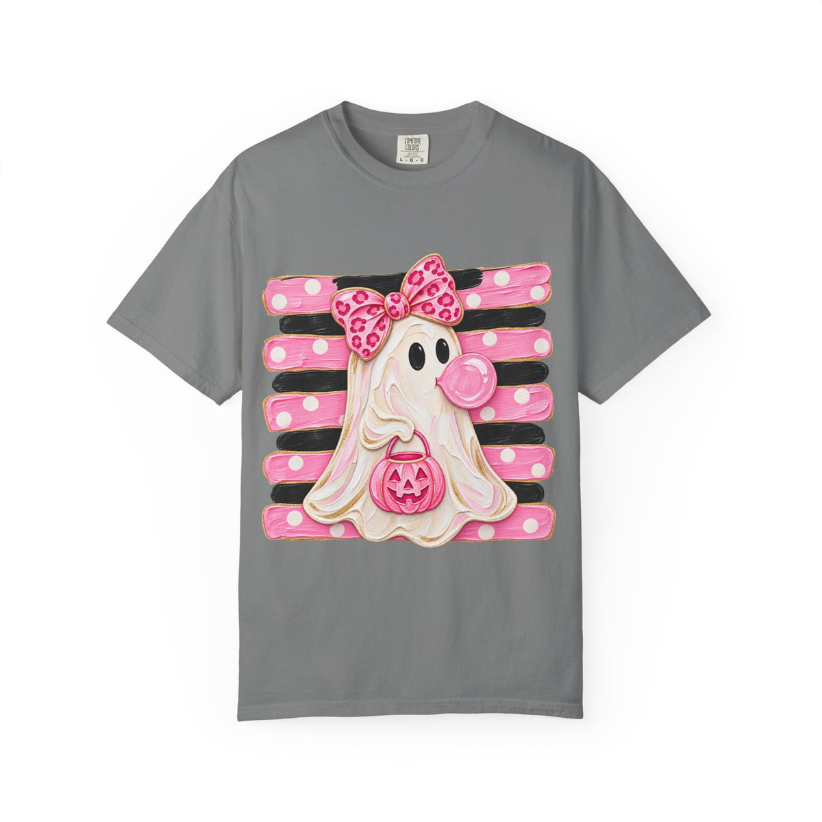 Halloween Pink Ghost T-Shirt — Cute Bubblegum Ghost with Bow & Jack-o'-Lantern