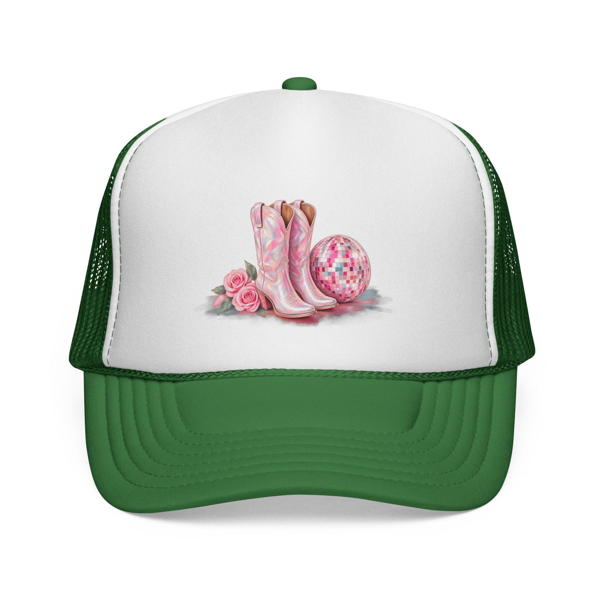Cowgirl Pink Boots Trucker Cap — Western Rodeo Hat with Floral & Disco Ball Design