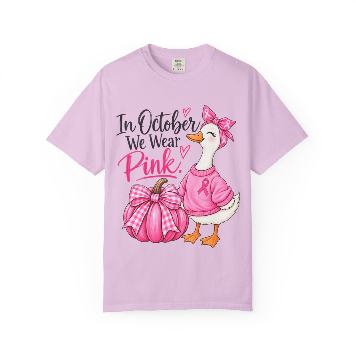 In October We Wear Pink Breast Cancer Awareness T-Shirt — Cute Duck & Pink Pumpkin Tee