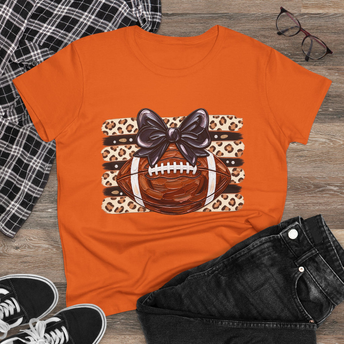 Leopard Football Tee — Cute Bow Game Day Shirt for Women